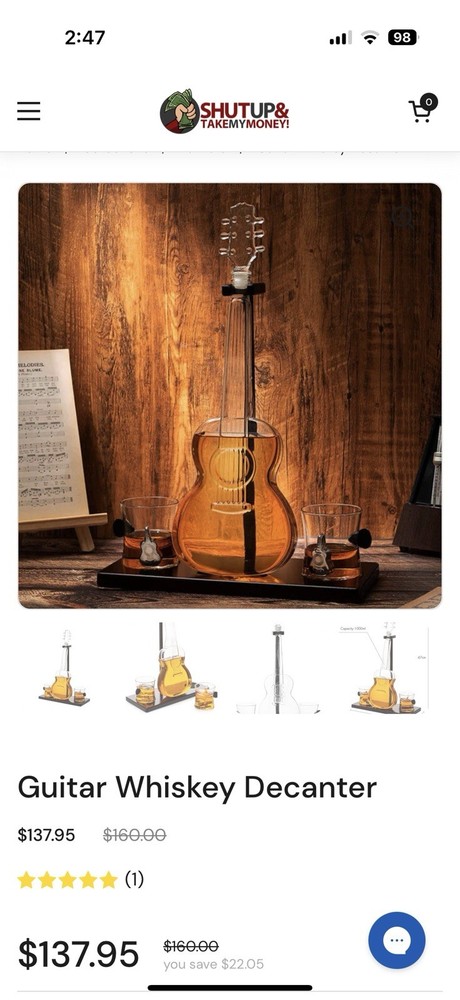Guitar Shaped Whiskey Decanter Set with 2 Matching Glasses