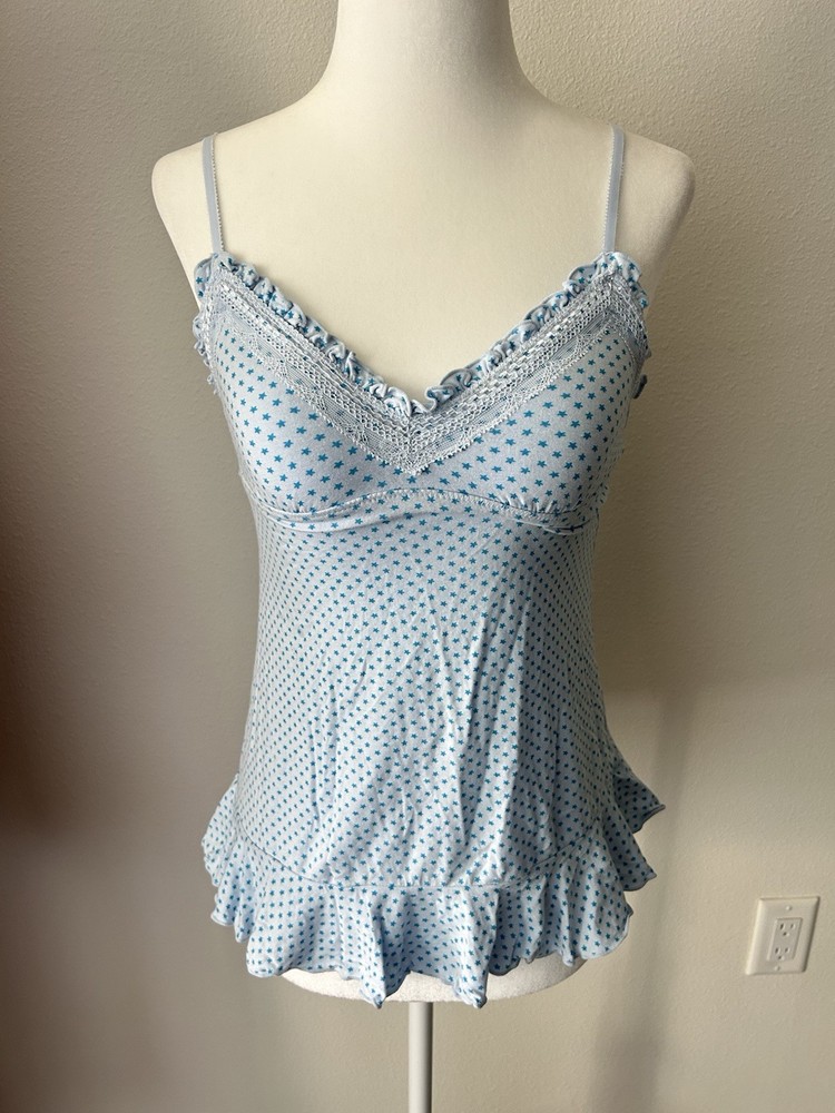 VTG Baby Blue Ruffle Lace Star Babydoll Top Coquette Kidcore Y2K Fairy Soft