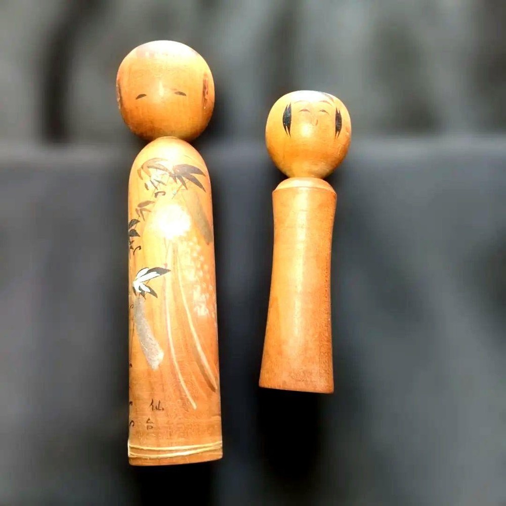 Sendai Kokeshi Doll Set of 2 Bamboo Pattern Traditional Wooden Toys