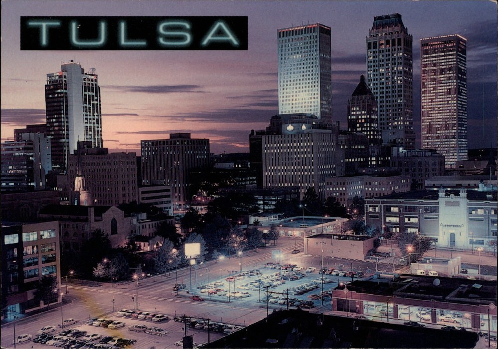 Oklahoma Tulsa city scape aerial view at sunset ~ unused postcard sku731
