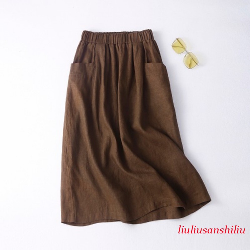 Retro Ladies Cotton Linen Skirt Pocket A-line Half Dress Artistic Casual Summer