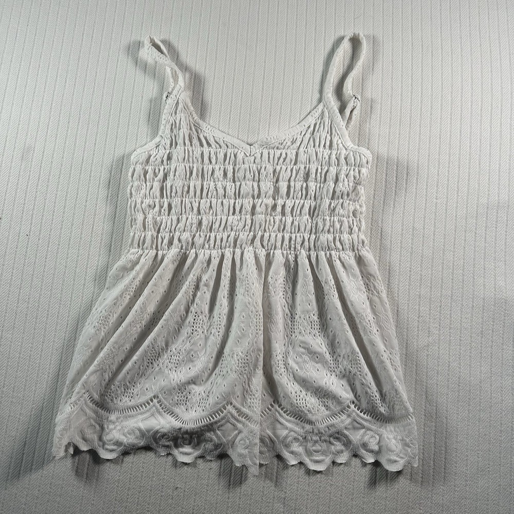 KIRIOUS Los Angeles Women’s Large White Eyelet Lace Tank Top Boho Smocked Cami