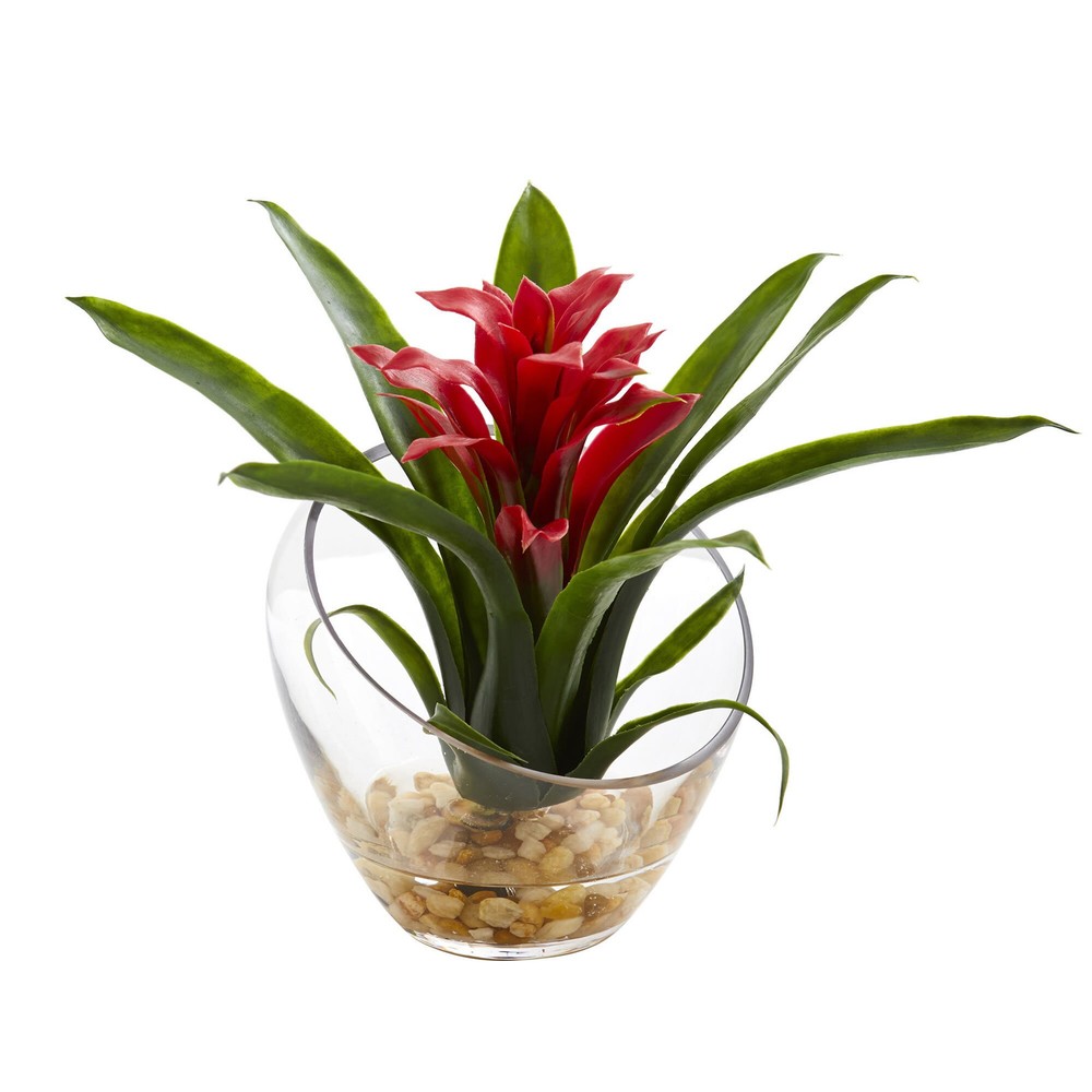 8-inch artificial tropical bromeliad in stylish angled vase arrangement  