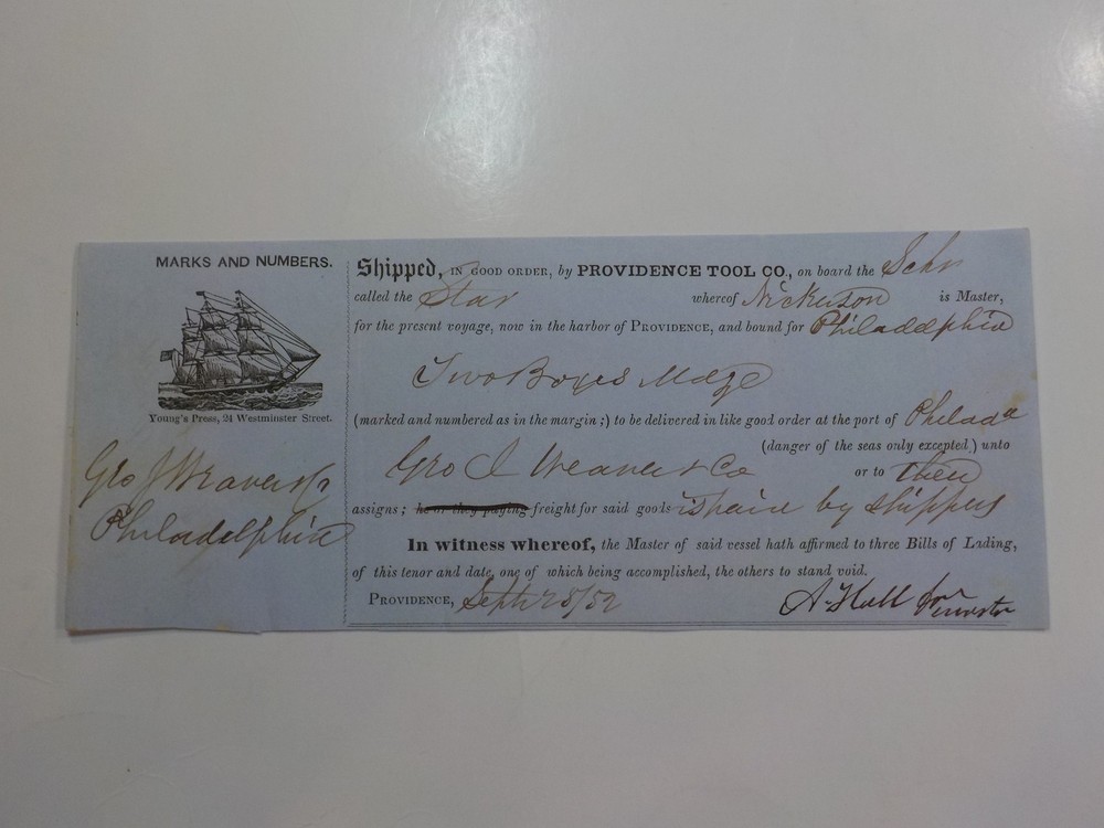 Ship Document 1852 Schooner Star Providence Tool Company Rhode Island Boat VTG
