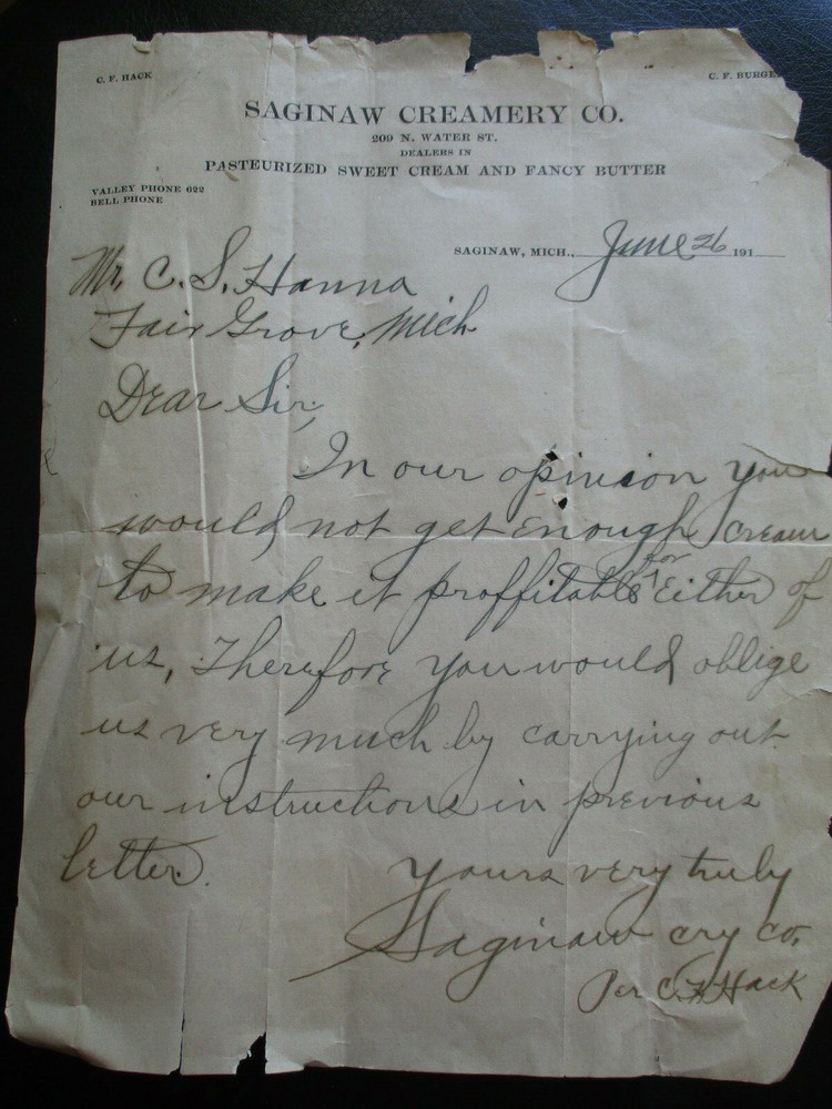 1910's Antique Vtg Ephemera Letterhead Billhead Saginaw MI Creamery Co LETTER
