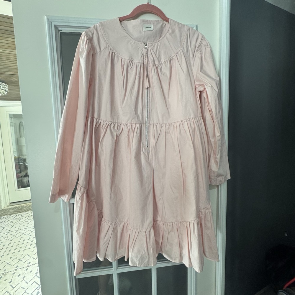 Aureum Women’s Tiered Babydoll Dress – Pink Long Sleeve Zip Front (Size L)