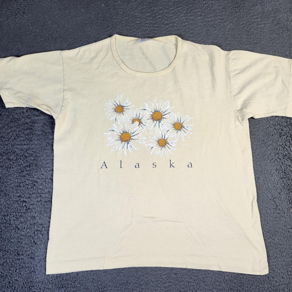 Vintage Alaska Shirt Mens Large Yellow Daisy Graphic Anvil Made in USA Tee 90s
