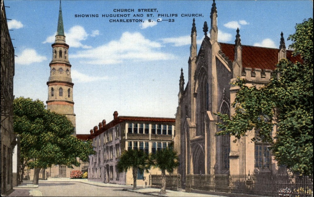 St Philips & Huguenot Churches Charleston South Carolina ~ 1940s linen postcard