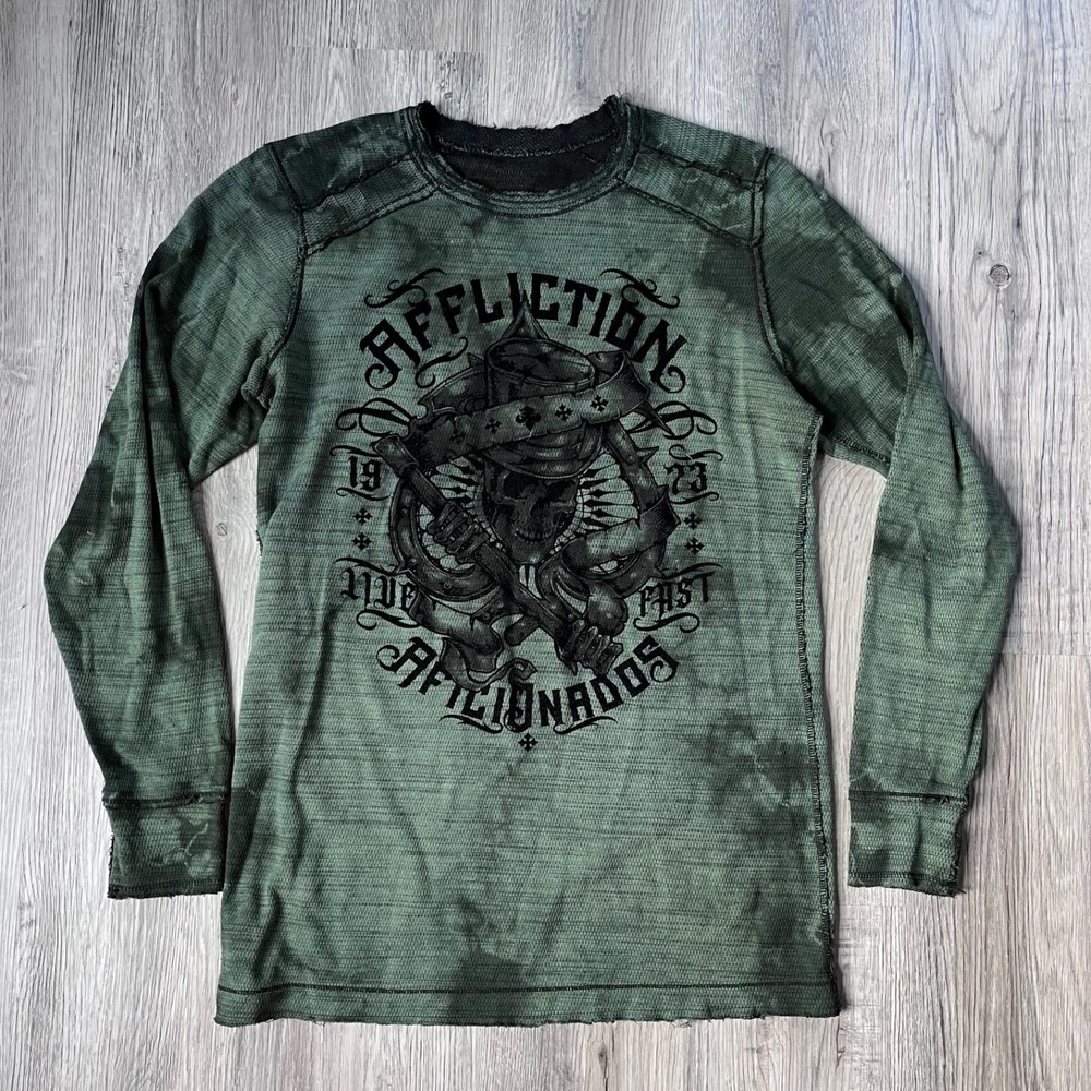 Affliction Mens Long Sleeve Thermal Shirt Graphic green gray Size L Reversible