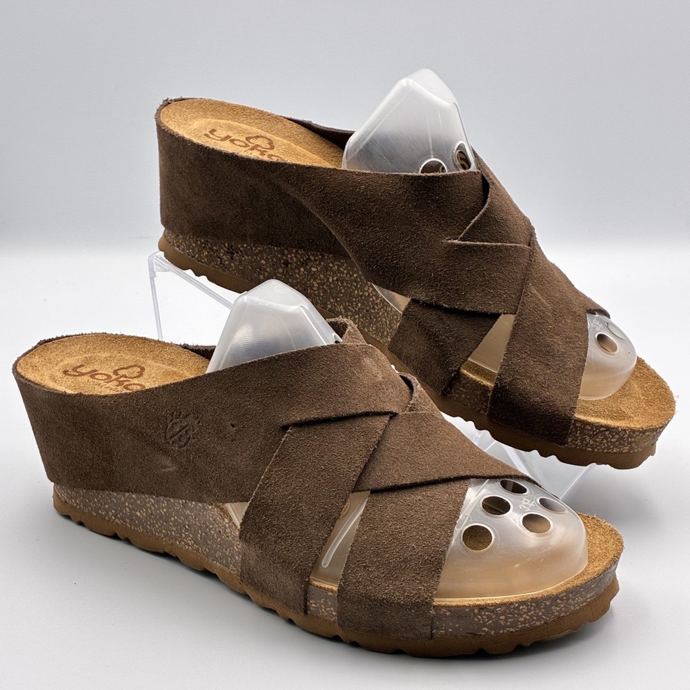 Yokono Coffee Color Suede Slip On Cork Wedge Sandals Size 7.5 Made in Spain