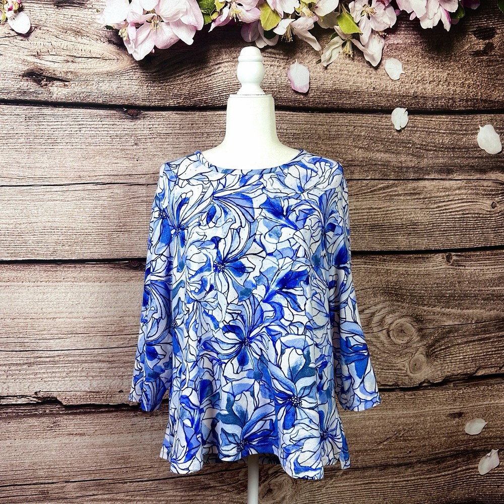 C.D. Petites Women’s Blue White Beaded Floral Flared Blouse Sweater Petite XL