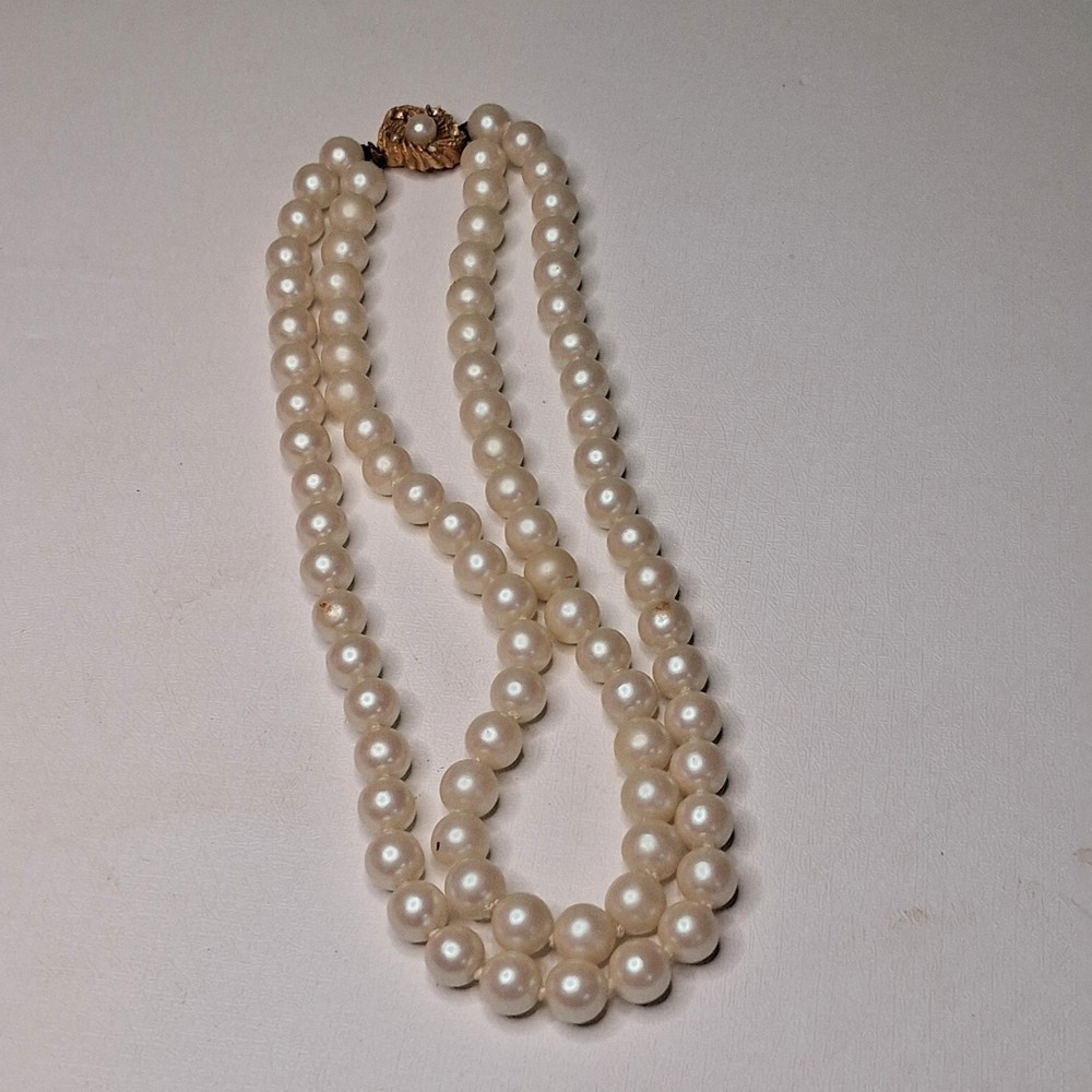 Double Strand Pearl Necklace Rhinestones Flower Clasp Gold Tone Vintage