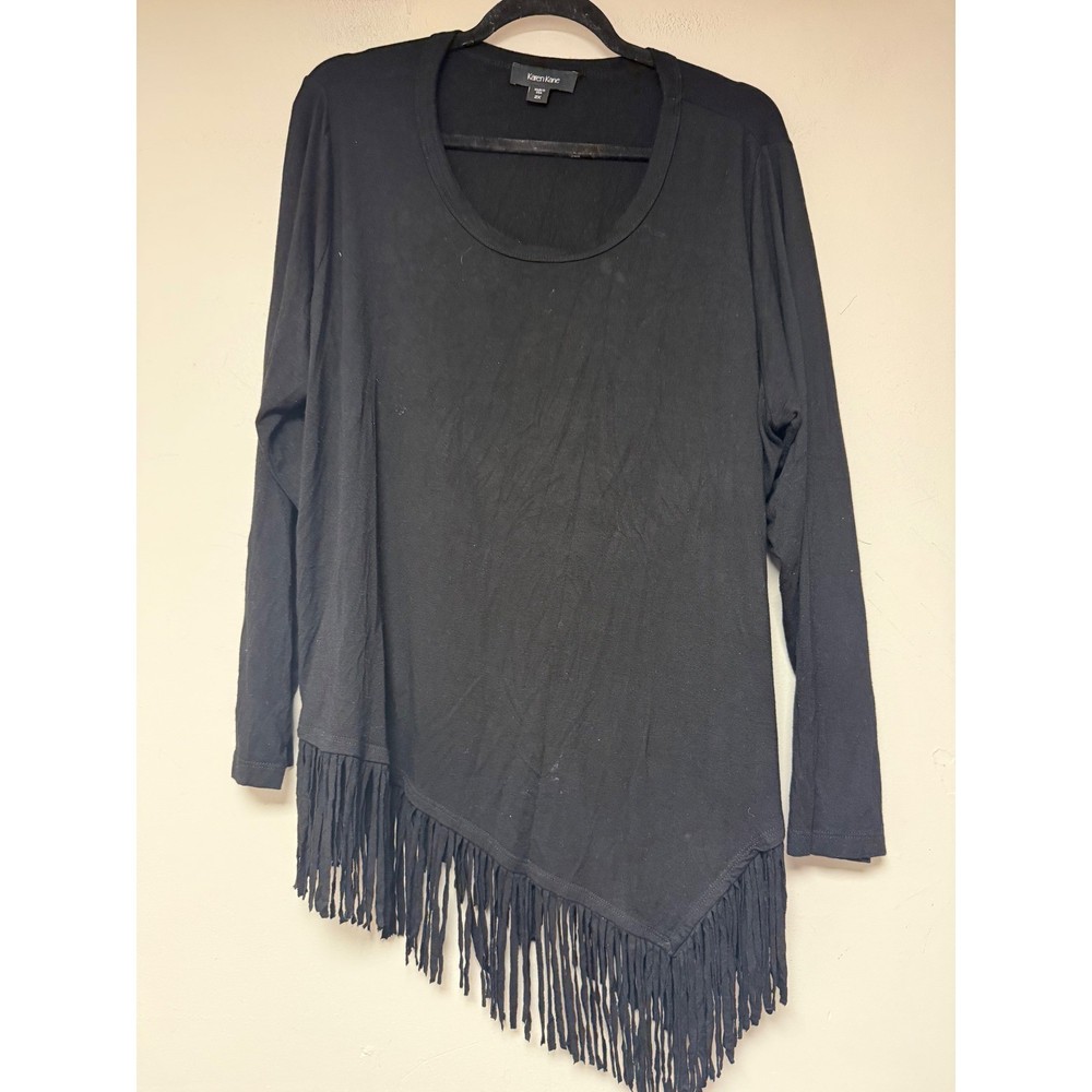 Karen Kane Tunic Top Womens 2X Black Excellent Asymmetric Fringe Long Sleeve USA