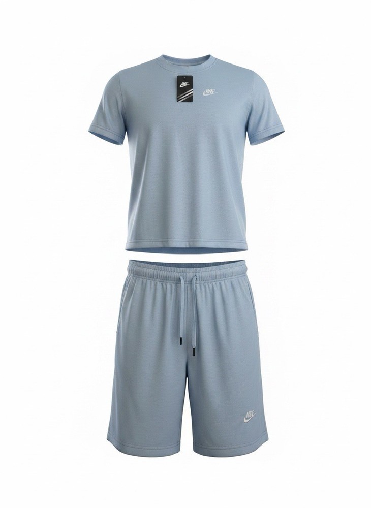 Nike Men's Light Blue Solid T-Shirt & Shorts Set Logo Drawstring Pockets Size L