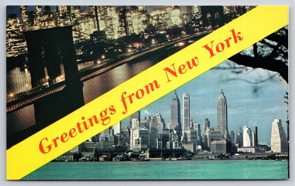 New York City~Banner Greetings~Brooklyn Bridge @ Night~Skyline~1950s Postcard