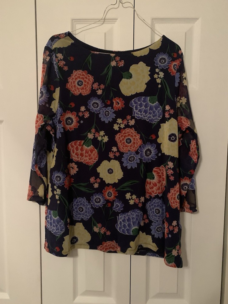 Charter Club Navy Blue Floral Lined 3/4 Sleeve Top Shirt Size 1X Euc!
