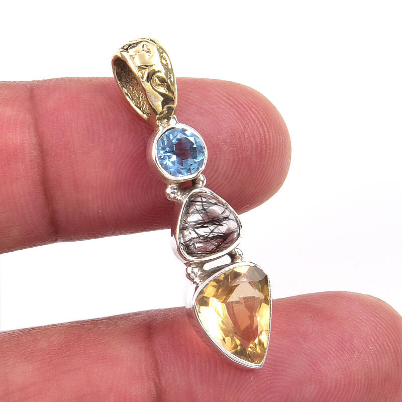 Natural Citrine Black Rutile 925 Sterling Silver Gift Pendant 1.50 Inches