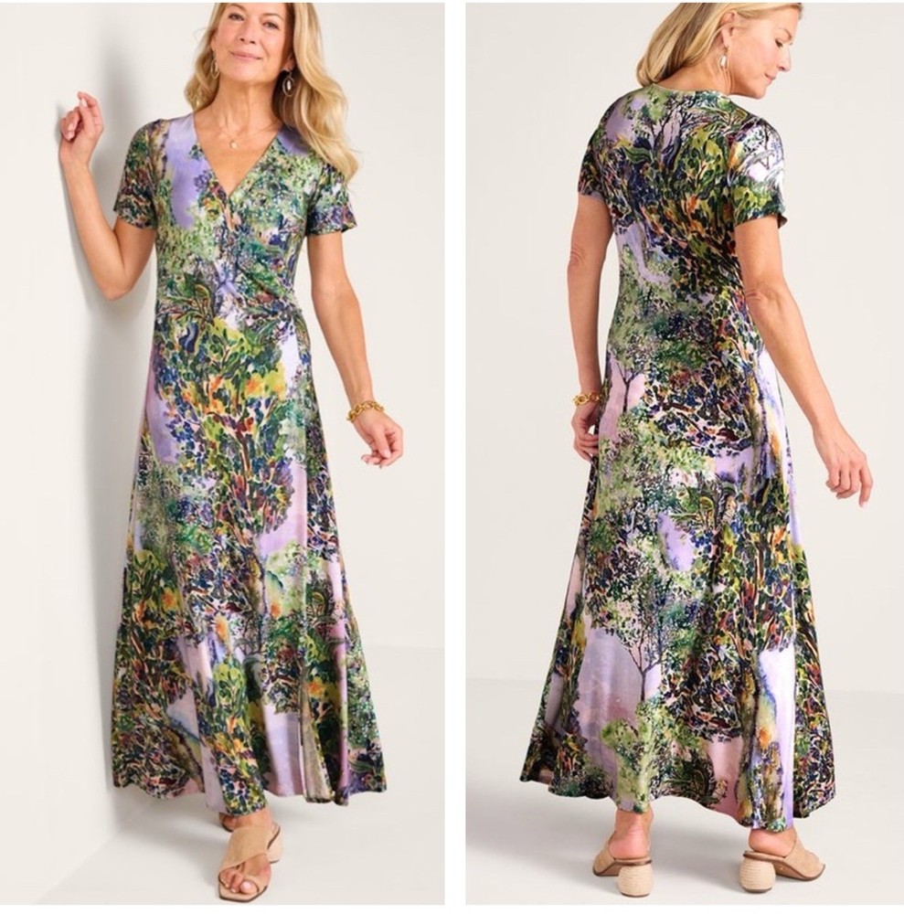 SOFT SURROUNDINGS Joanna Faux Wrap Maxi Dress V-Neck Abstract Print Sz L, Petite