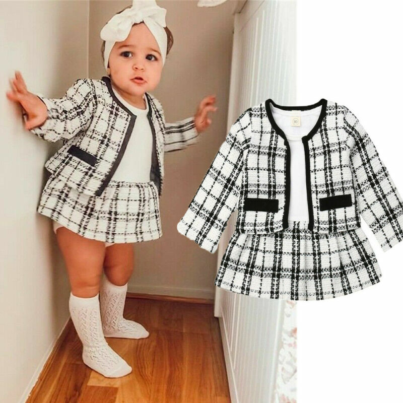Toddler Baby Girls Winter Clothes Plaid Coat Tops+Tutu Dress Formal Outfits Set