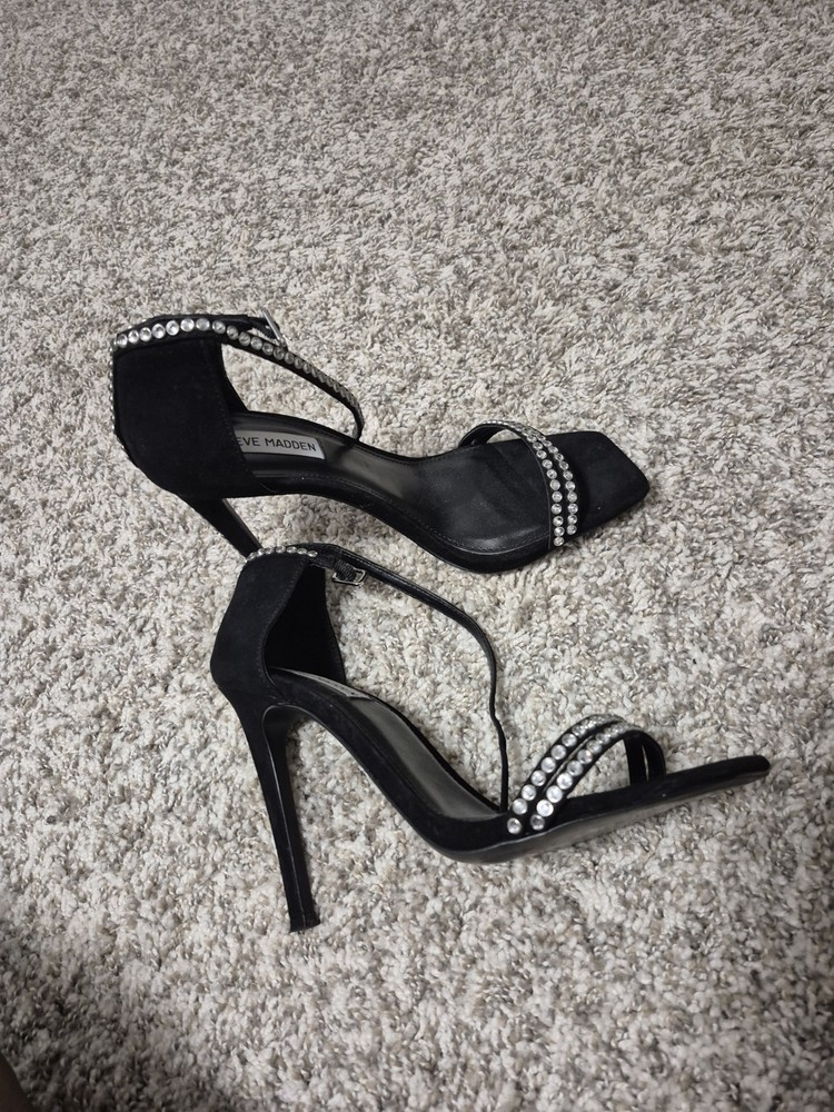Steve Madden Heels Sz 8.5 Collette Black Suede Leather Rhinestone Ankle Strap