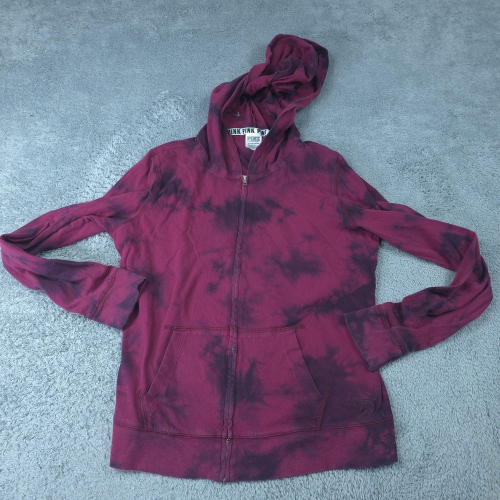 PINK Victoria's Secret Hoodie Juniors Small Red Tie Dye Full Zip Logo Fleece