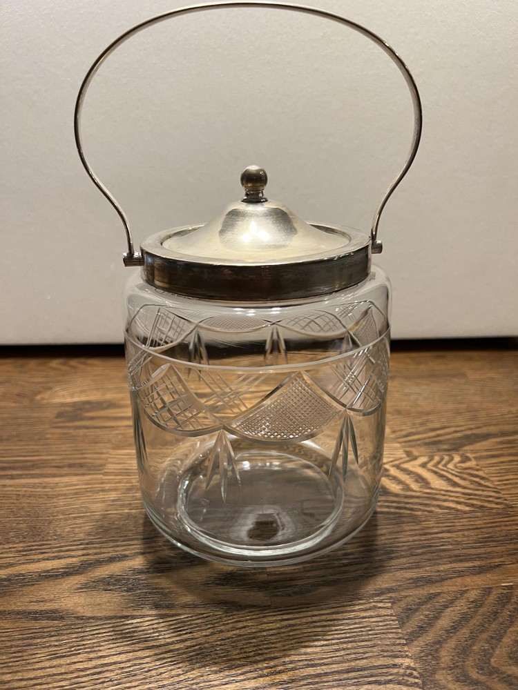 Vintage cut glass biscuit barrel with silverplate lid and handle