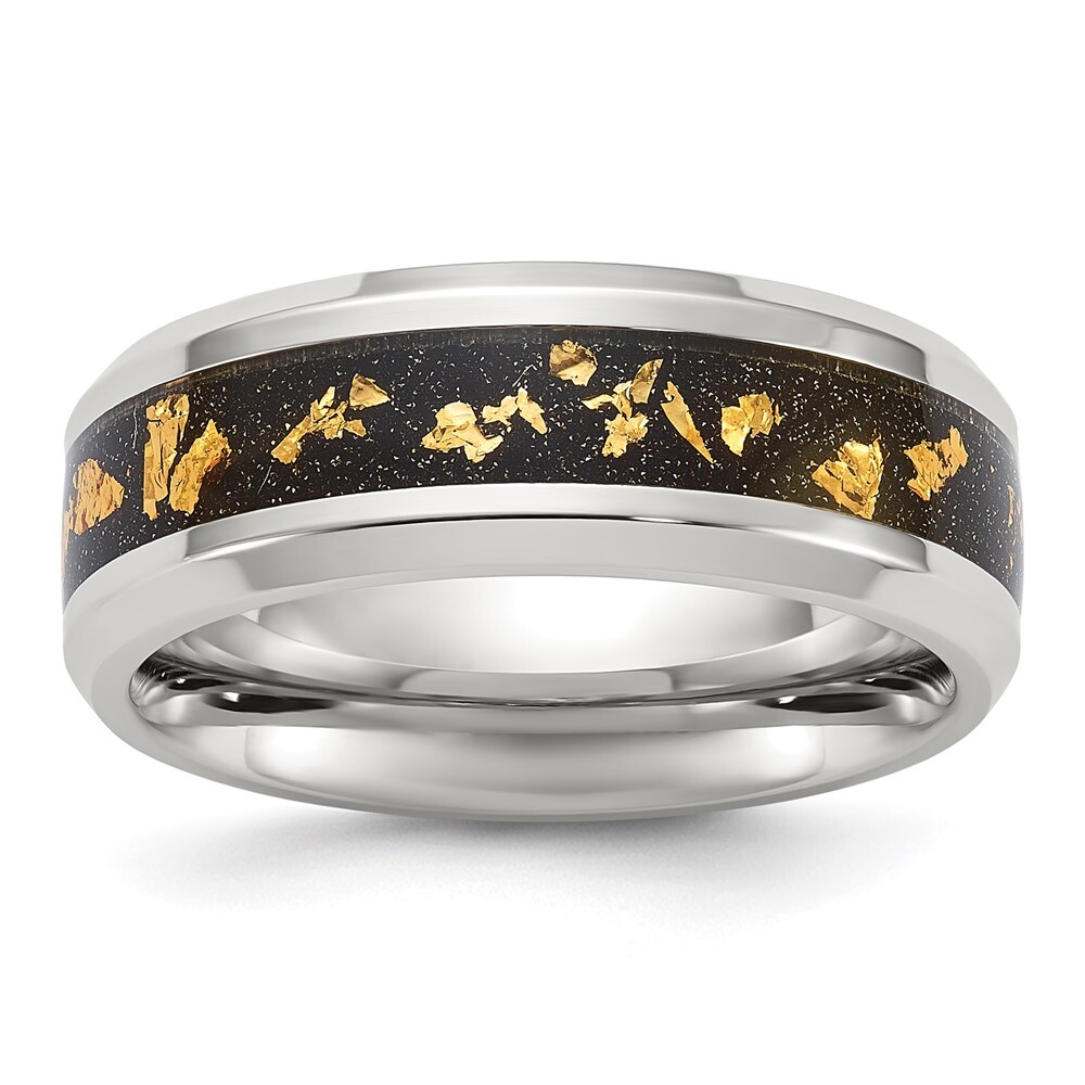 Titanium Polished with Black and Gold Foil Inlay 8mm Band Ring Size 10