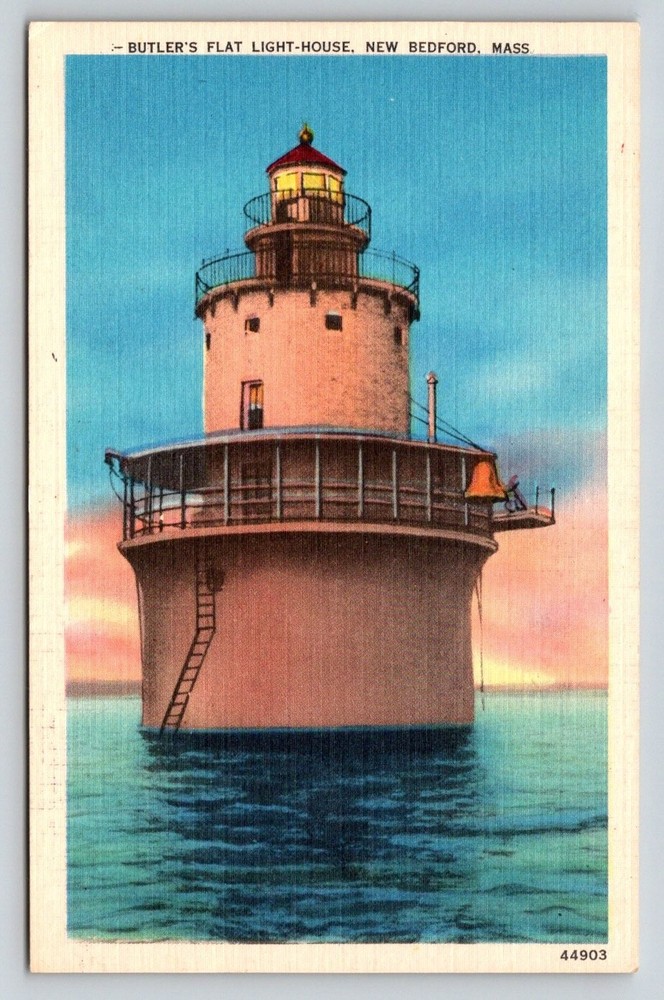 Butler's Flat Lighthouse New Bedford MA Linen Postcard New England Seascape