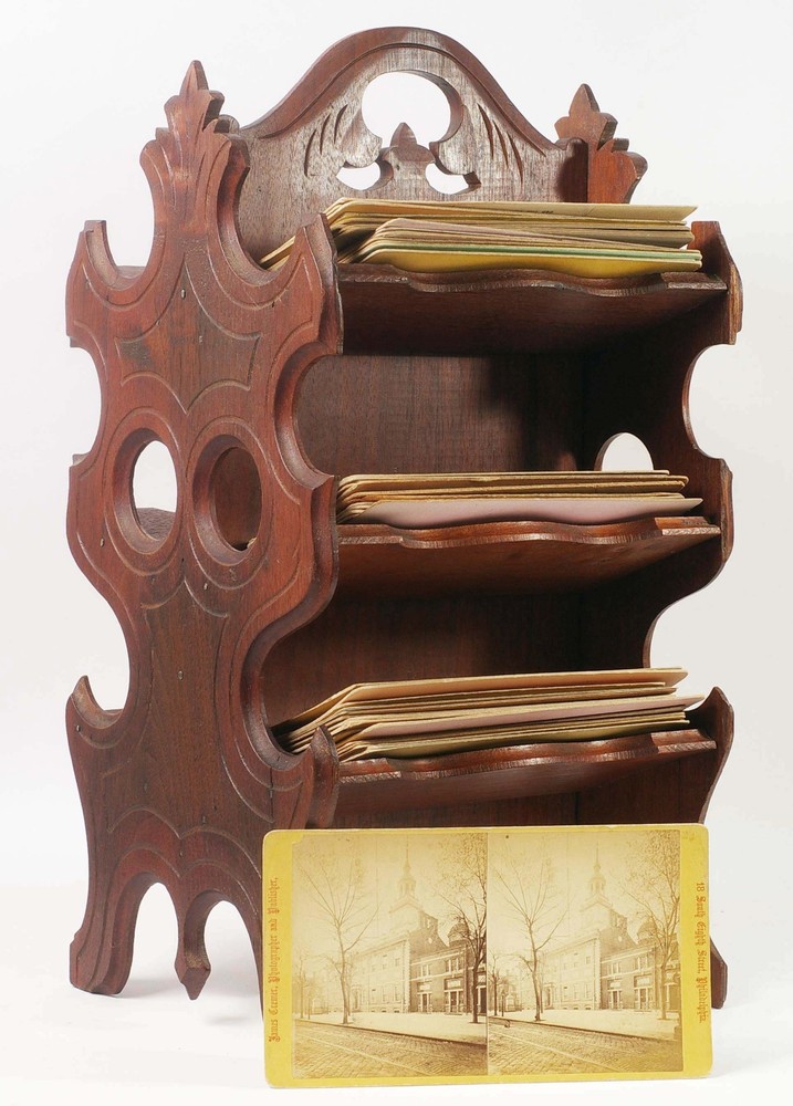 F97892~ Large Antique Parlor Stereoview Rack Caddy Holder & 40+ Assorted Views
