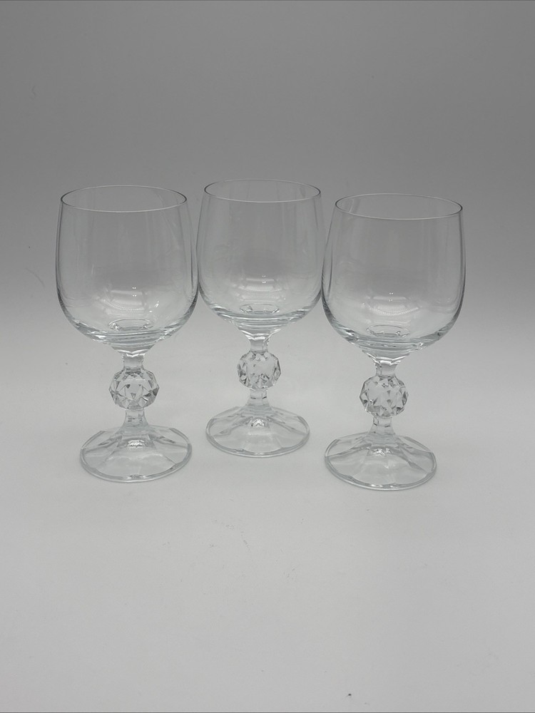 3 Vtg Czech Bohemia Crystal Claudia Clear Ball Stem Wine Glasses 5 3/4