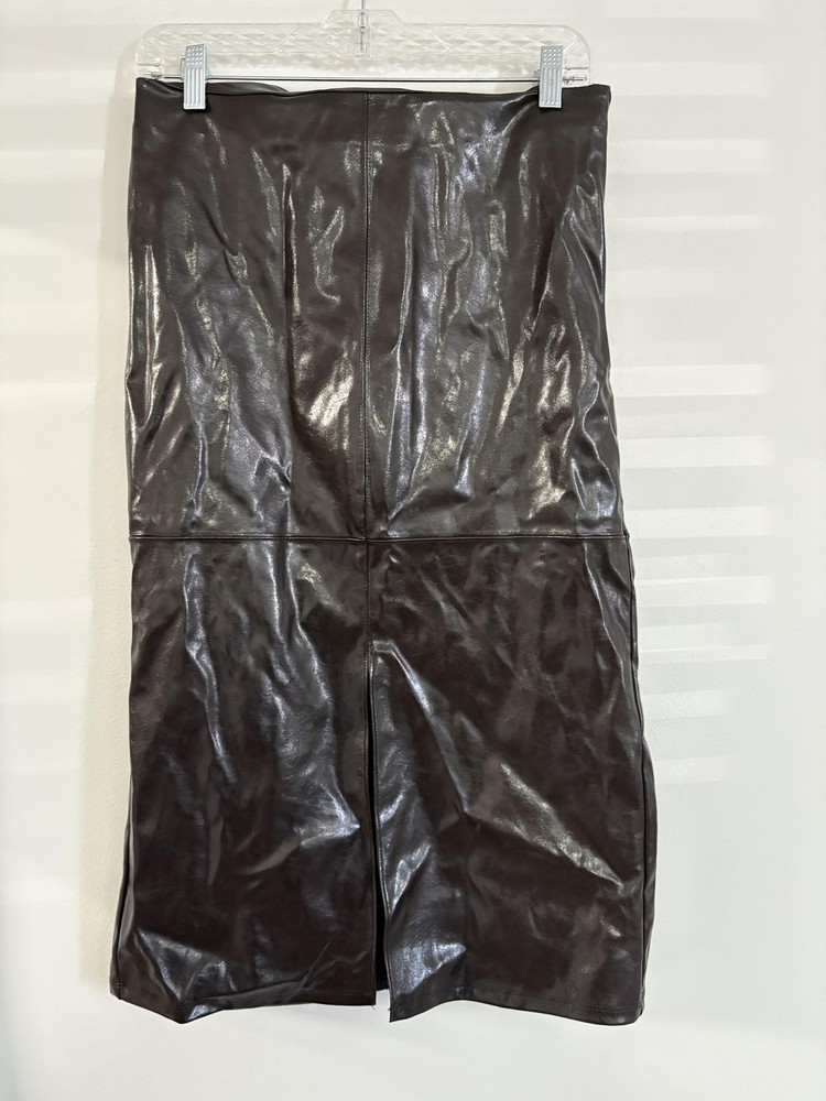 A New Day Skirt Womens 8 Brown Faux Leather Pencil Midi Front Slit Side Zip