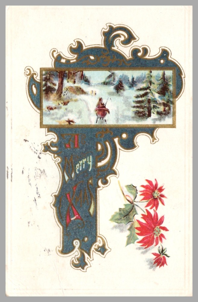 Merry Xmas Winter Scene Horse Sleigh Poinsettias Circa 1916 Christmas Postcard