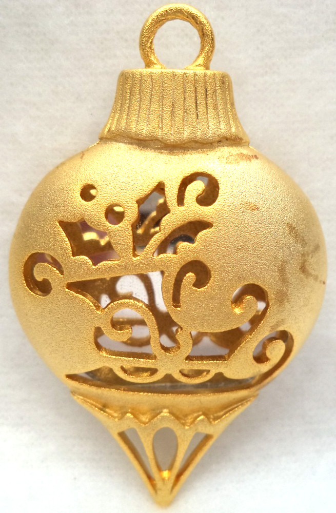 Vintage Christmas Ornament Brooch Pin Gold Tone w/ Mirror Accent Holiday-image