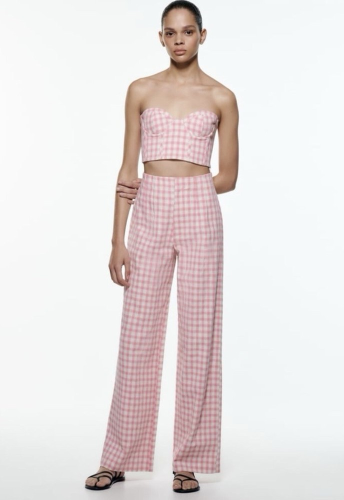 ZARA Pink/White Gingham 2pc Outfit Set Smocked Crop Top and Pants XS