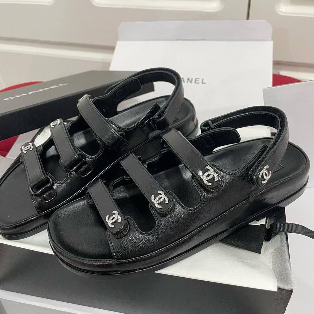 CHANEL Black Leather Slide Sandals