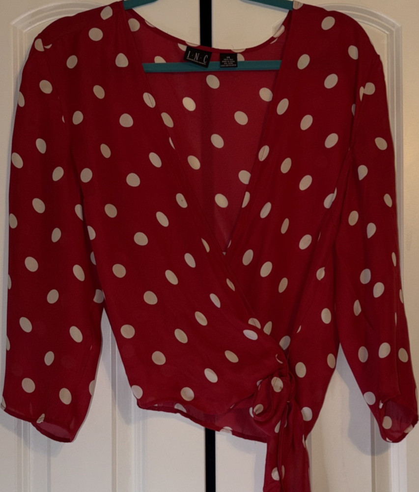 INC International Concepts Polka Dot Silk Wrap V-Neck Blouse Red White 14
