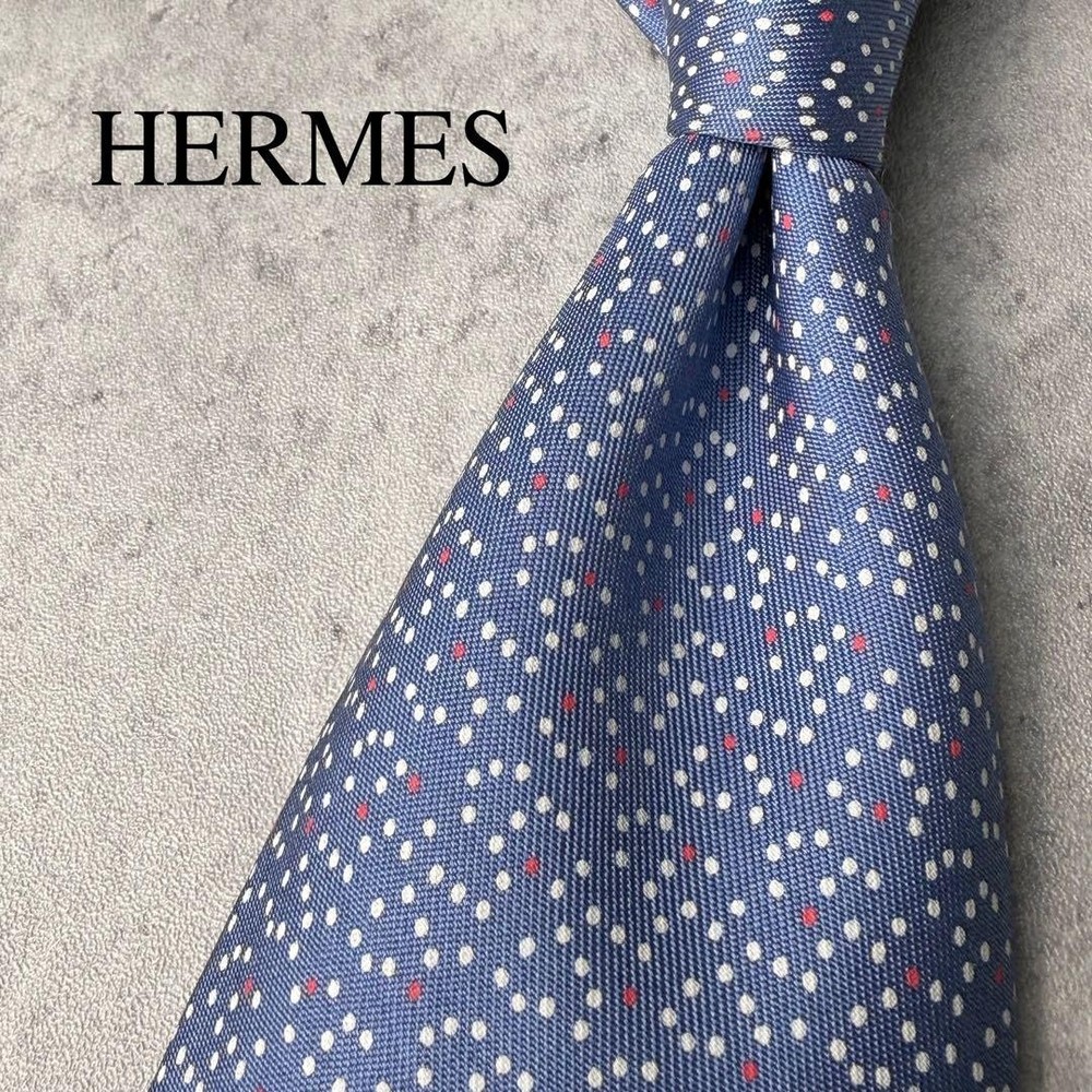 HERMES Necktie Tie Blue All over pin dot pattern 100% Silk Made in France Used