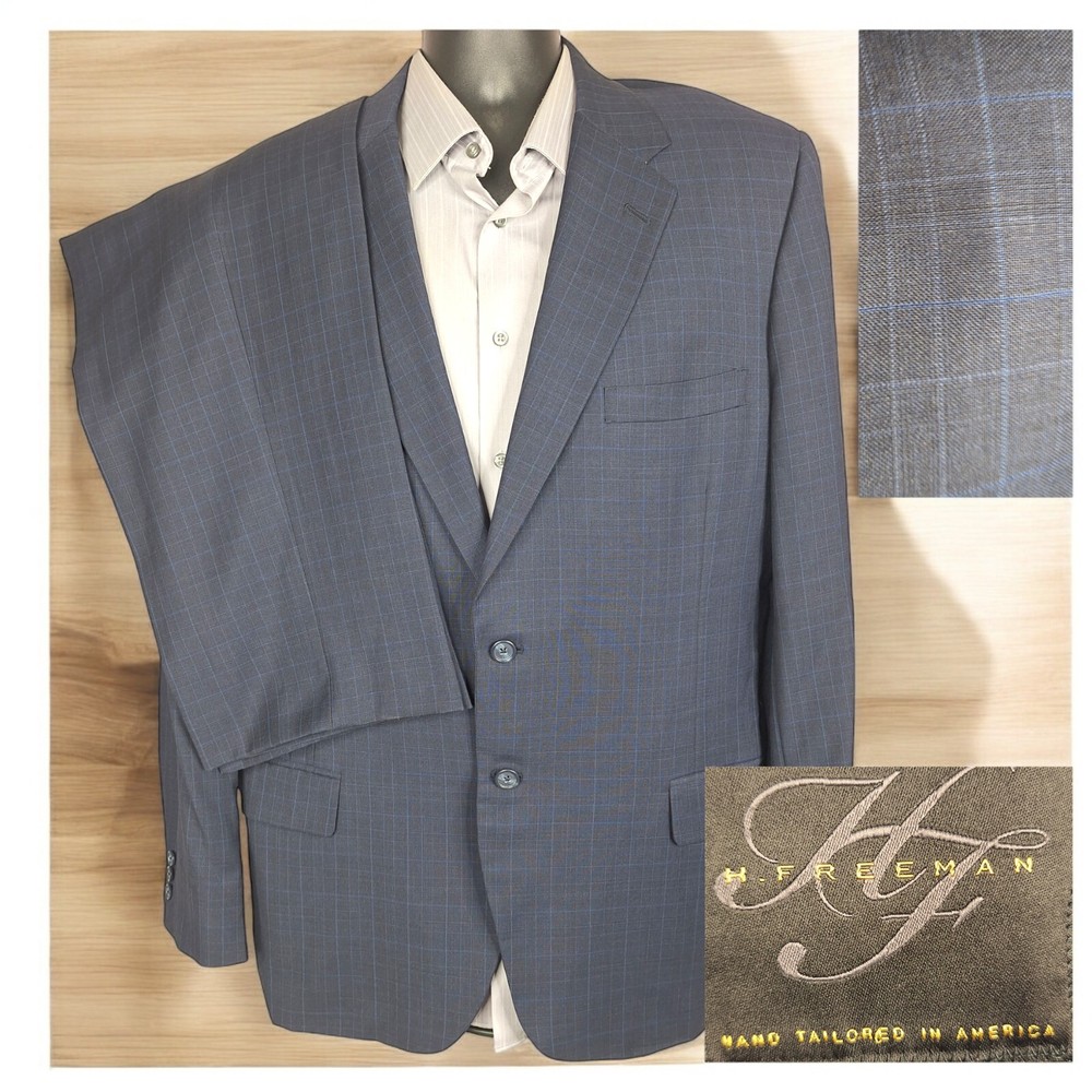 Hickey Freeman Mens Blue Plaid 2-Piece Suit 42L 38X32 Single Vented