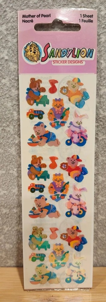 Vintage 80s 90s Sandylion Stickers Pearly Animals Playing w/ Toys Full Sheet NOS