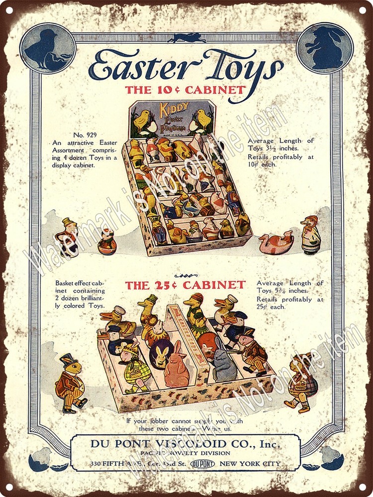 1928 Toy Easter Store Display box Ducks Bunny Du pont Metal Sign 9x12