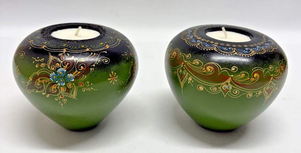 Pair Hand Painted Indian Wooden Tealight Candle Holders Folk Art Decor