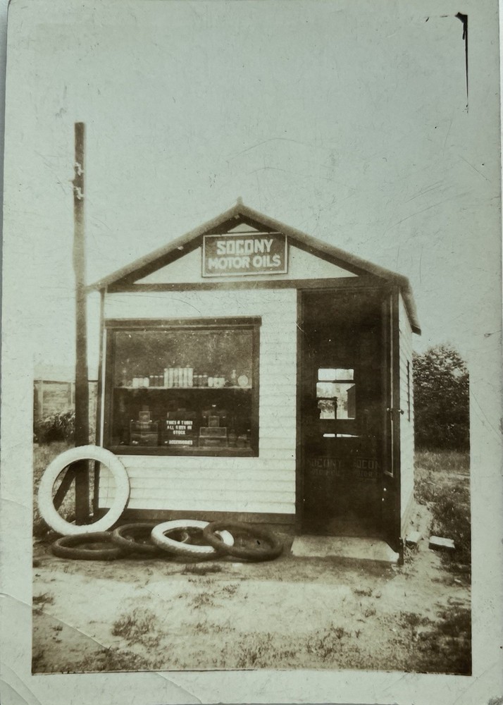 Antique Photo Old Tire Shop Service Station Socony Gas Mechanic 1920s Americana