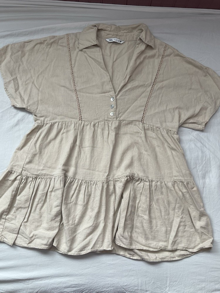 ZARA Women M Beige V neck Half Button Short Sleeve Boho Linen Blend Mini Dress.