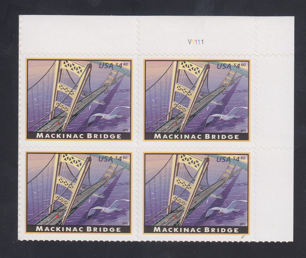 2010 US Stamp #4438 $4.90 Mackinac Bridge Priority Mail VF NH Plate Block of 4