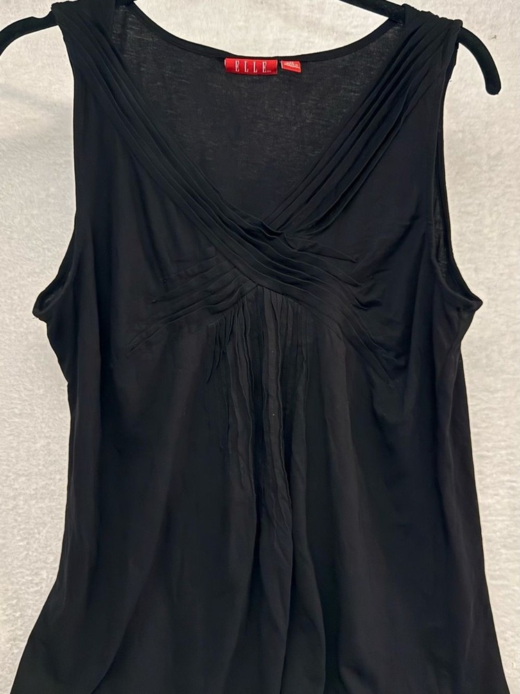 ELLE Sleeveless Black V-Neck Pleated Women's Top- Size XL
