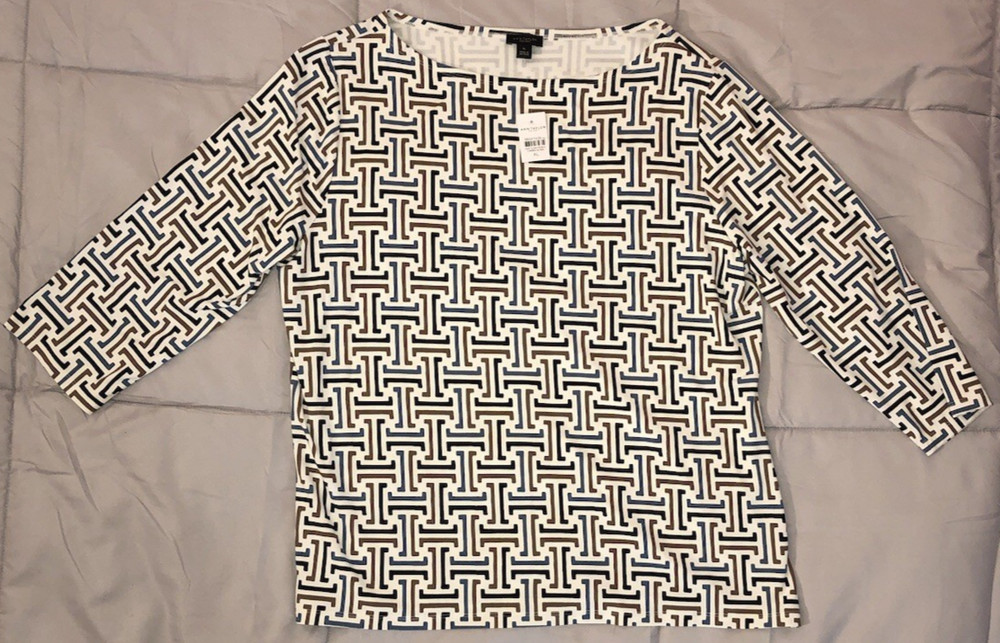 Ann Taylor Factory 3/4 Sleeve Boatneck Top Stretch Geometric Rayon Size XL NEW