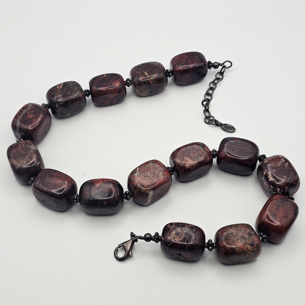 Vtg BARSE Necklace Chunky Convoluted RED JASPER 925 Sterling 15-17” Stamped NICE