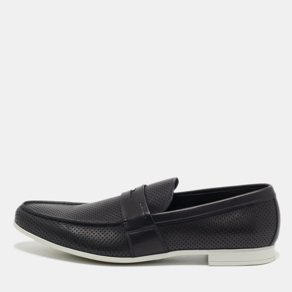Prada Navy Blue Perforated Leather Slip-On Loafers Size 43 EU