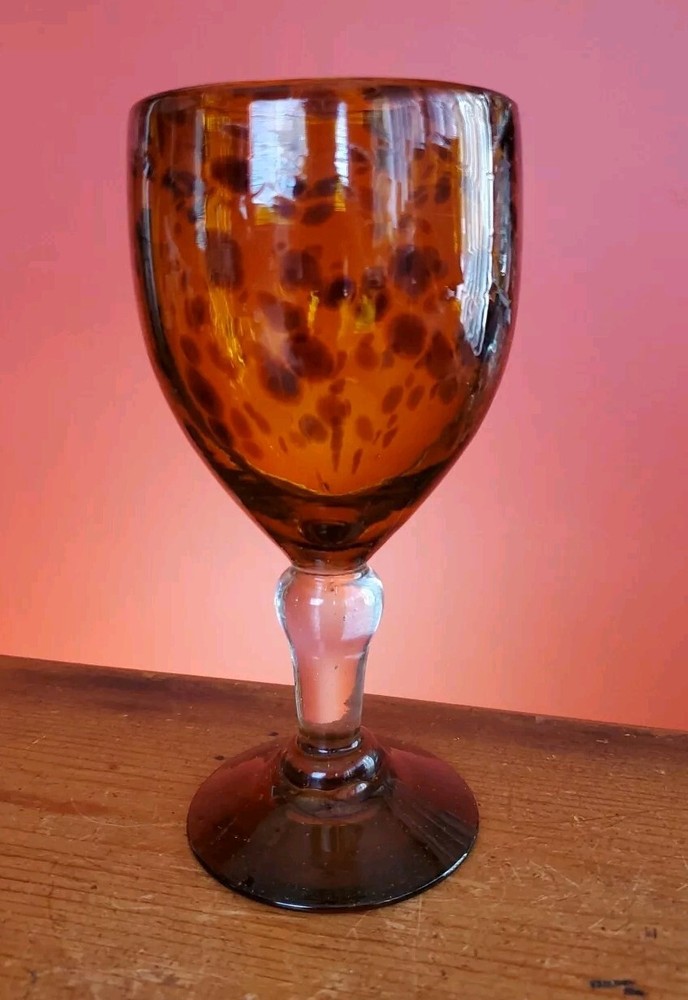 Tortoise Shell Amber Speckled Hand Blown Wine Glass Ball Stem Goblet 10oz
