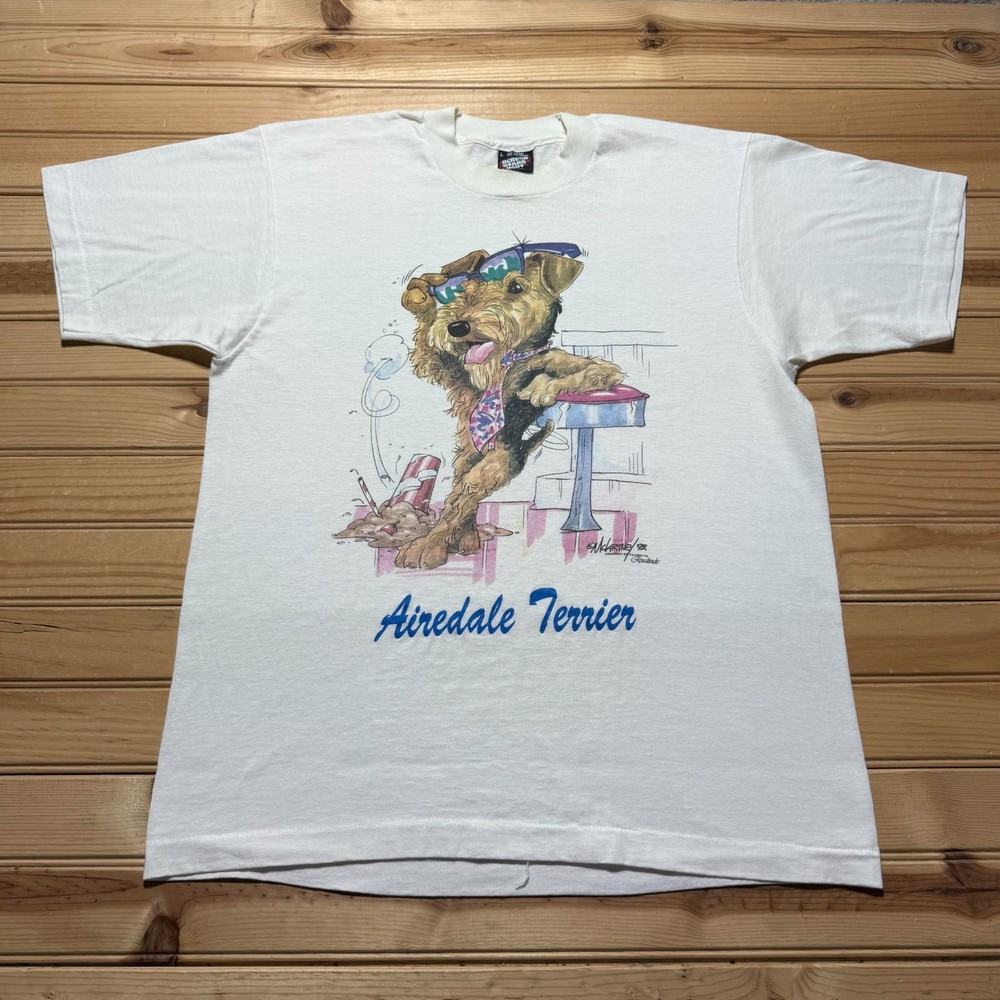 Vintage 1992 McCartney Rosalinde Airedale Terrier Dog Single Stitch Shirt Large